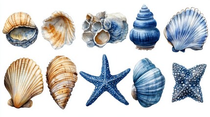 Obraz premium Set of watercolor sea shells and starfish. Hand drawn illustration