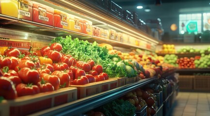 Wide shot of fresh vegetables and fruits displayed in the center of a grocery store