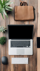 Essential tools for remote work travel - laptop, planner, and accessories flat lay