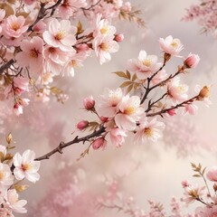 Elegant watercolor print of cherry blossoms and roses in soft pink and golden tones, abstract shapes, graceful, pastel colors