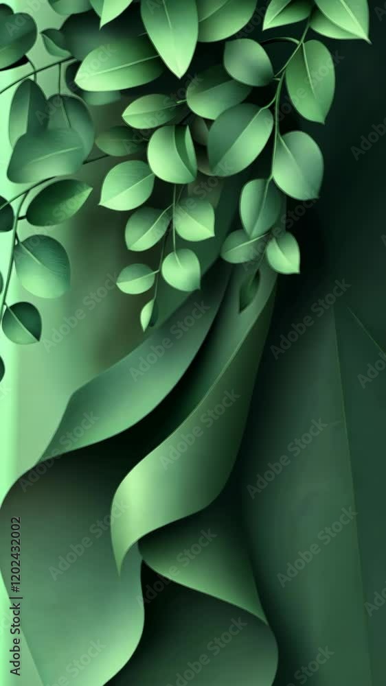 Poster lush green leaves wrapping around flowing fabric in an elegant display of nature and design
