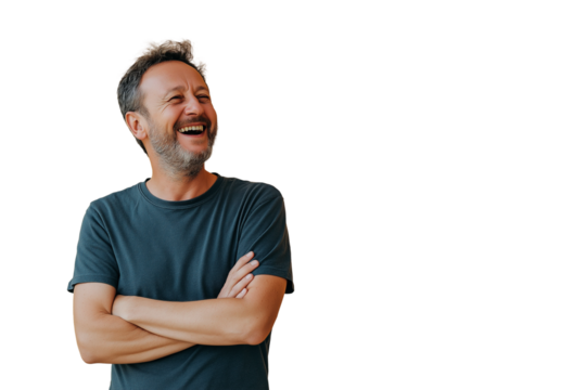 Happy Man in Casual T-Shirt, Joyful Laughter, Arms Crossed, Positive Vibes, Relaxed and Content,    