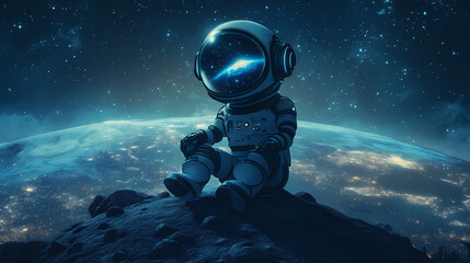 Futuristic robot astronaut on moon with earth in background under soft moonlight. Futuristic Space Colony. Illustration