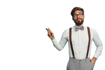 Dapper Gentleman: Bow Tie, Suspenders, and Whimsical Pose. Perfect for vintage, retro, or classic   