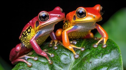 Naklejka premium Two colorful tree frogs perch side by side on a wet green leaf in the rainforest.