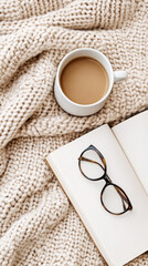 Cozy moment with knitted blanket, coffee cup, and open book for relaxation