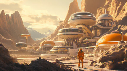 Human settlement on an alien extraterrestrial planet. Futuristic Space Colony. Illustration