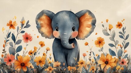 cartoon scene with cute elephant on floral background - illustration for children