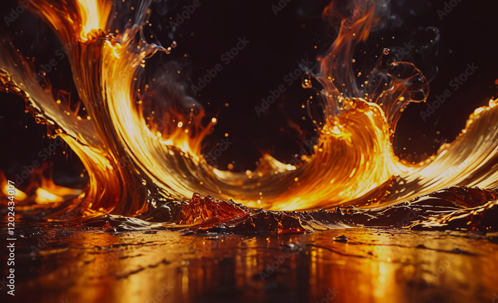 Poster A fire is burning in the ocean, creating a beautiful and dangerous scene. The flames are reflected in the water, creating a sense of movement and energy. Scene is both captivating and ominous