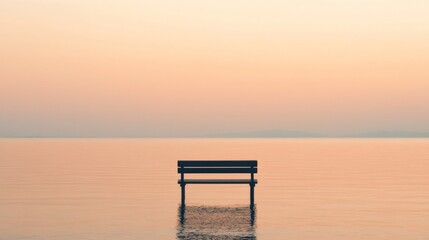 Serene sunset over calm water with a lonely bench.