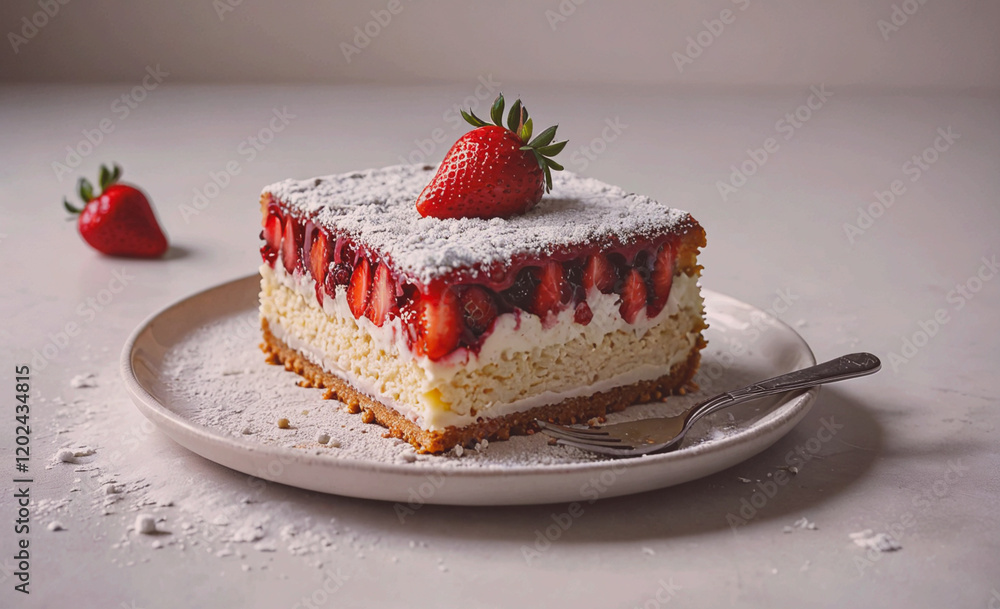 Poster a slice of strawberry cheesecake with a strawberry on top. the dessert is served on a white plate wi