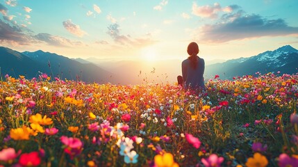 Woman enjoying sunset over mountain wildflowers