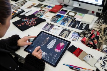 Creative fashion designer developing clothing designs on tablet for innovative projects