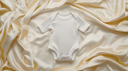 Baby bodysuit mockup apparel design concept. White baby onesie on soft, textured fabric background.