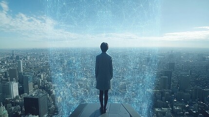 Woman atop building views city through digital network overlay