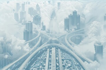 Futuristic megacity with skyscrapers and interconnected highways above the clouds