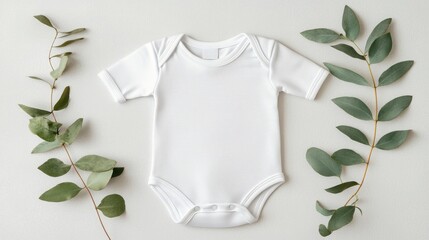 Baby bodysuit mockup apparel design concept. White baby onesie surrounded by green leaves on a neutral background