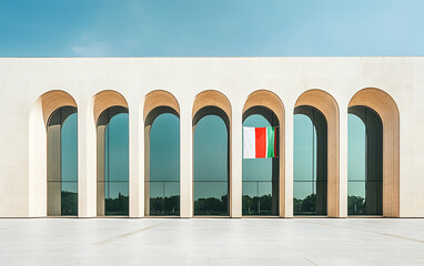 Fototapeta premium UAE Architecture: Modern Minimalist Building with Flag