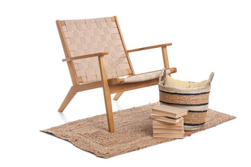 Wicker armchair, rug and basket isolated on white background