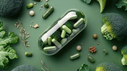Vegetables and capsules are creatively displayed within a transparent medication capsule, emphasizing health and nutrition