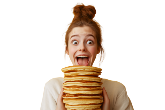 Happy Person with a Giant Stack of Delicious Pancakes Ready to Eat for Breakfast fun food meal cute 