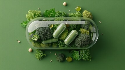 Vegetables and capsules are creatively displayed within a transparent medication capsule, emphasizing health and nutrition