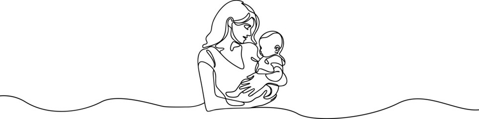 Woman hold her baby. Mothers Day line art. Solid line,continuous one line drawing. Mother holding her baby . Continuous line art vector.Happy Mothers Day concept. Mother hugging a child