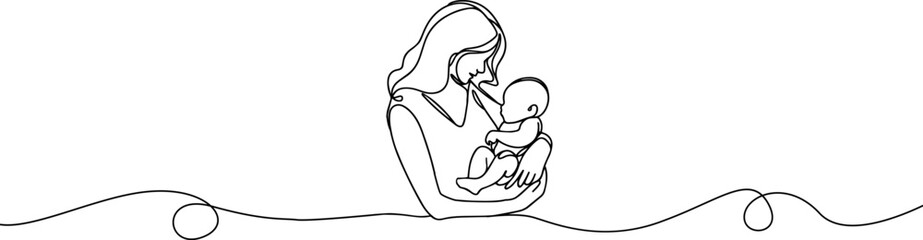 Woman hold her baby. Mothers Day line art. Solid line,continuous one line drawing. Mother holding her baby . Continuous line art vector.Happy Mothers Day concept. Mother hugging a child