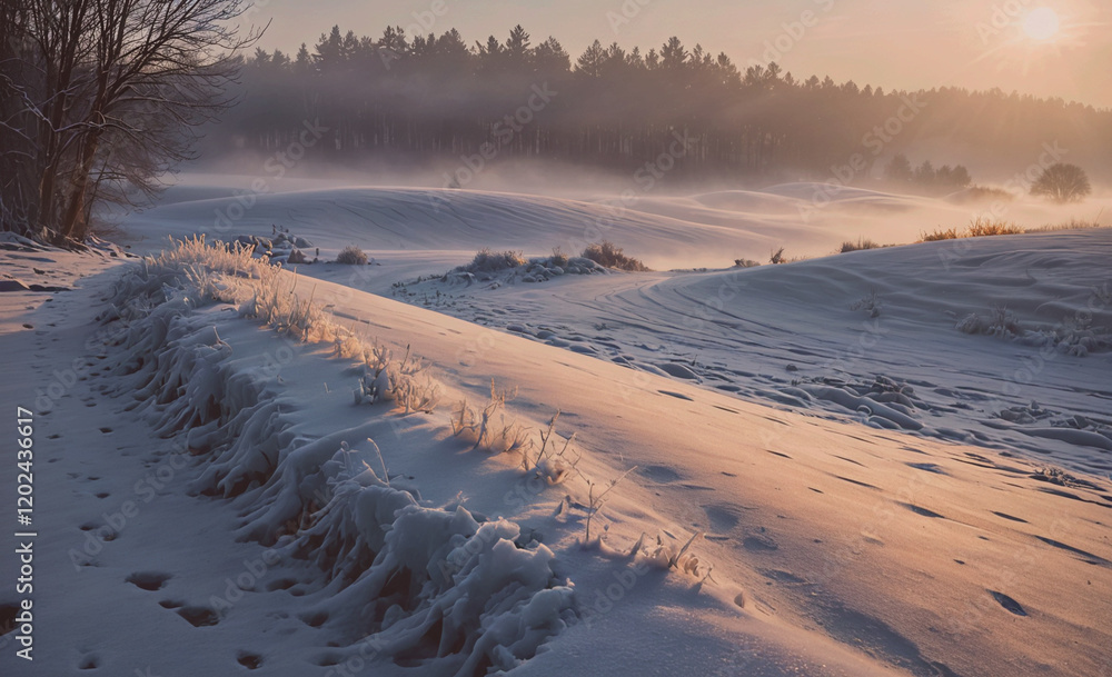 Poster a snowy field with a sun in the background. the sun is setting and the snow is white