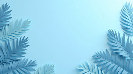 3D Render of Blue Tropical Leaves on a Blue Background