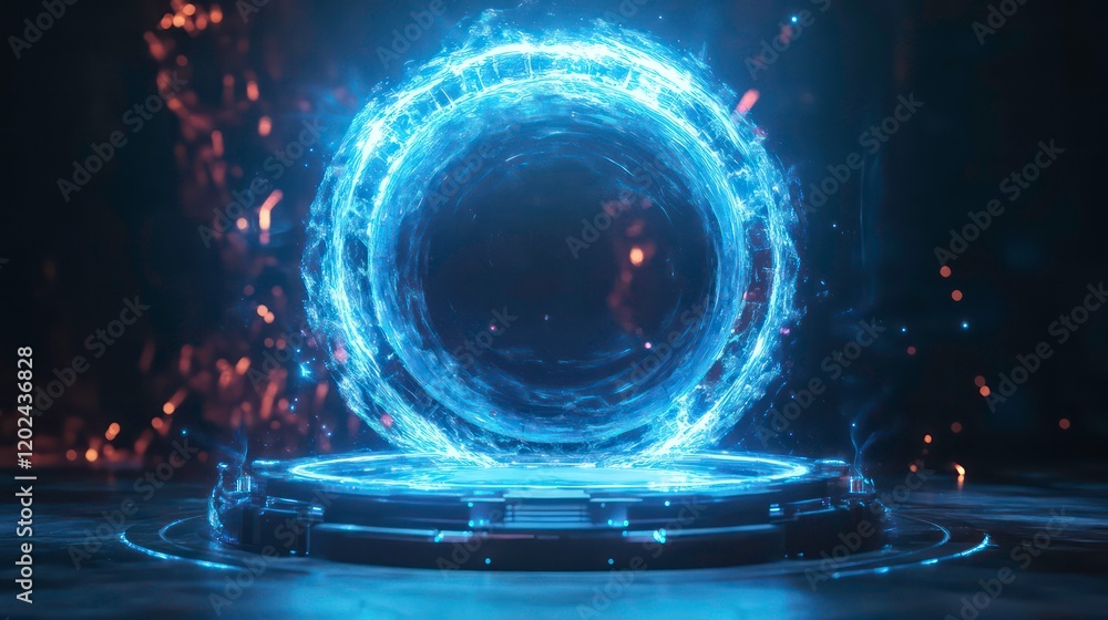 Aufkleber blue hologram portal. magic fantasy portal. magic circle teleport podium with hologram effect. abstr