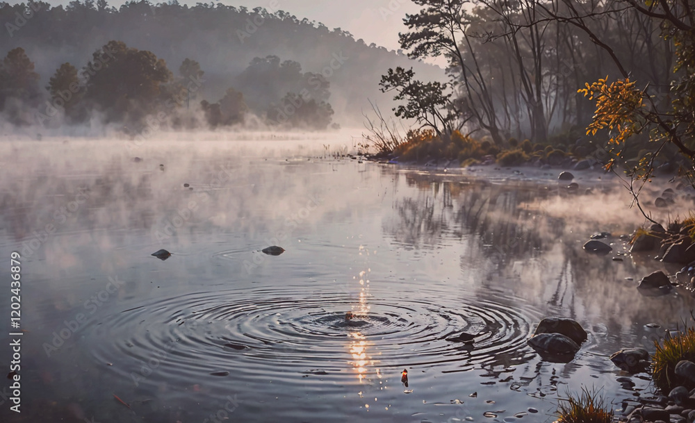 Poster a lake with foggy mist in the background. the water is calm and still. the reflection of the trees a