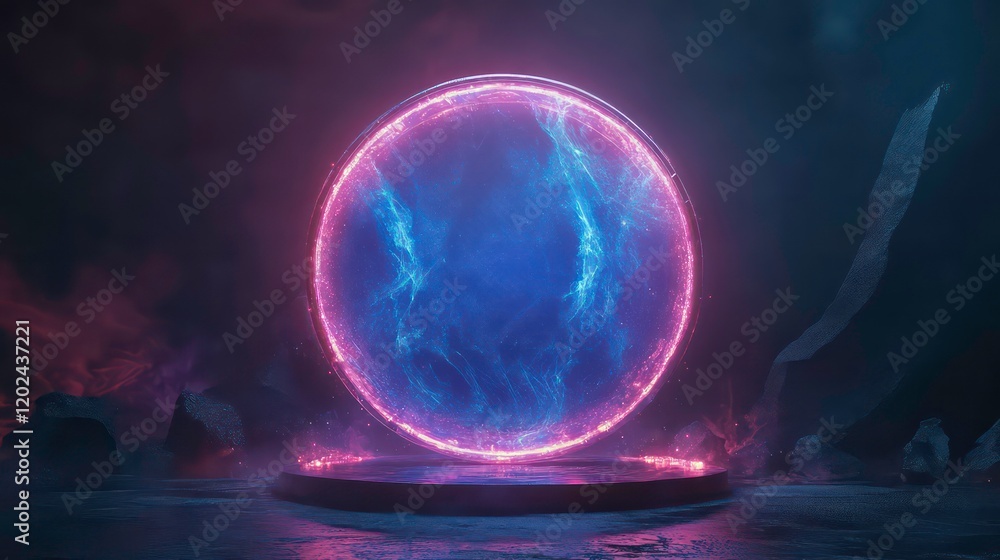 Wall mural blue hologram portal. magic fantasy portal. magic circle teleport podium with hologram effect. abstr