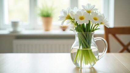 A Glass Pitcher with White Flowers