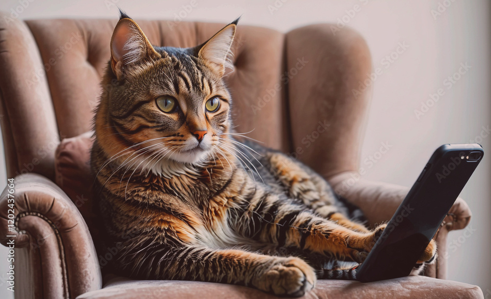 Poster A cat is laying on a chair with a cell phone in its paw. The cat appears to be curious about the phone and is looking at it intently