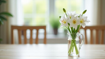 A Glass Pitcher with White Flowers
