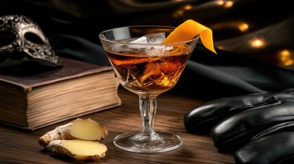 A delicate cocktail garnished with a lemon slice rests on a stack of vintage books, while a black mask lies nearby, all set against a backdrop of smooth, flowing fabric.