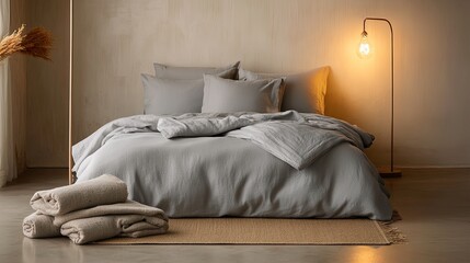 A tranquil minimalist bedroom with a soft gray layered duvet