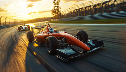 A high-speed race between two Formula 1 cars on a fast  racetrack in a vibrant sunset with warm hues, adding to the dramatic effect of the race.
