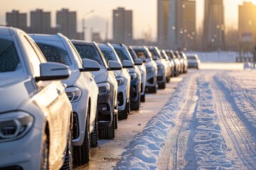 Snow covered cars lined up in urban setting during winter evening