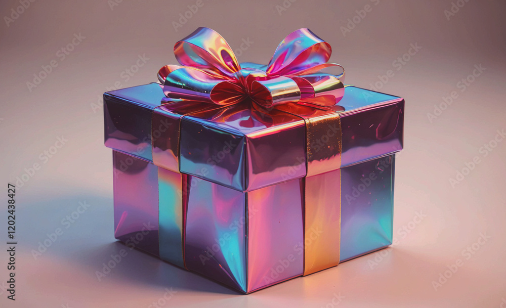 Poster a shiny, colorful box with a bow on top. the box is wrapped in shiny foil and has a metallic look to