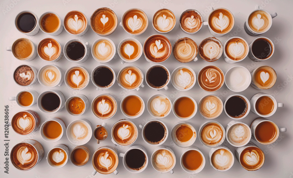 Poster A row of coffee cups with hearts drawn on them. The cups are arranged in a pattern, with some cups overlapping each other. Concept of warmth and comfort, as the cups are filled with hot beverages
