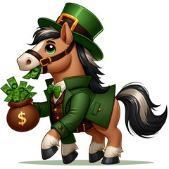 Cartoon-style illustration of a horse dressed as a leprechaun for St. Patrick's Day, wearing a hat and coat, carrying cash in his mouth isolated on transparent background