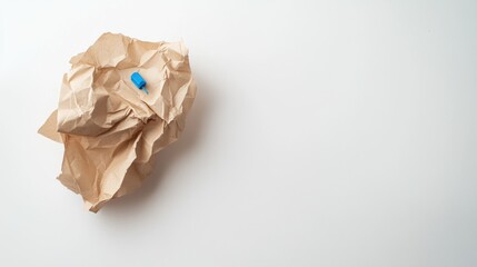 Naklejka premium Crumpled brown paper ball with blue pushpin on white background.
