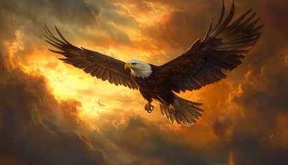 Fototapeta premium An eagle with extended wings perched on the ground in front of a backdrop of dark and stormy clouds