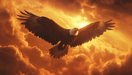 Obraz premium An eagle with extended wings perched on the ground in front of a backdrop of dark and stormy clouds