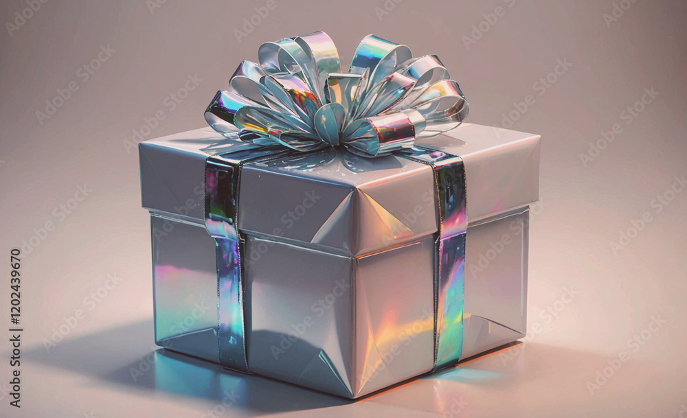 Poster a shiny white box with a bow on top. the box is decorated with a shiny silver ribbon