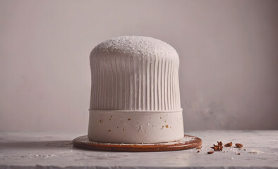 A white cake with a chef's hat on top of it. The cake is sitting on a wooden plate
