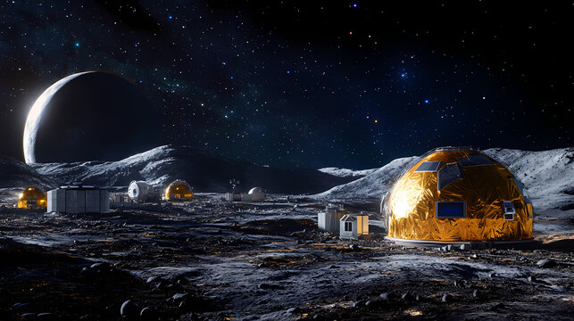A futuristic space mining operation established on the lunar surface. Futuristic Space Colony. Illustration