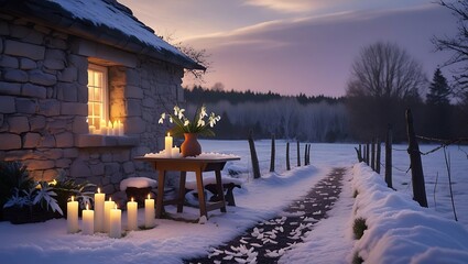 Imbolc altar in nature with glowing fire, snow, and early blooms.

